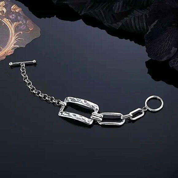 Stainless Steel Rectangular Bracelet Boho Hammered Chain Link - Picture 9 of 11